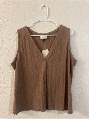 Taupe Brown Ribbed V-Neck Button Tank
